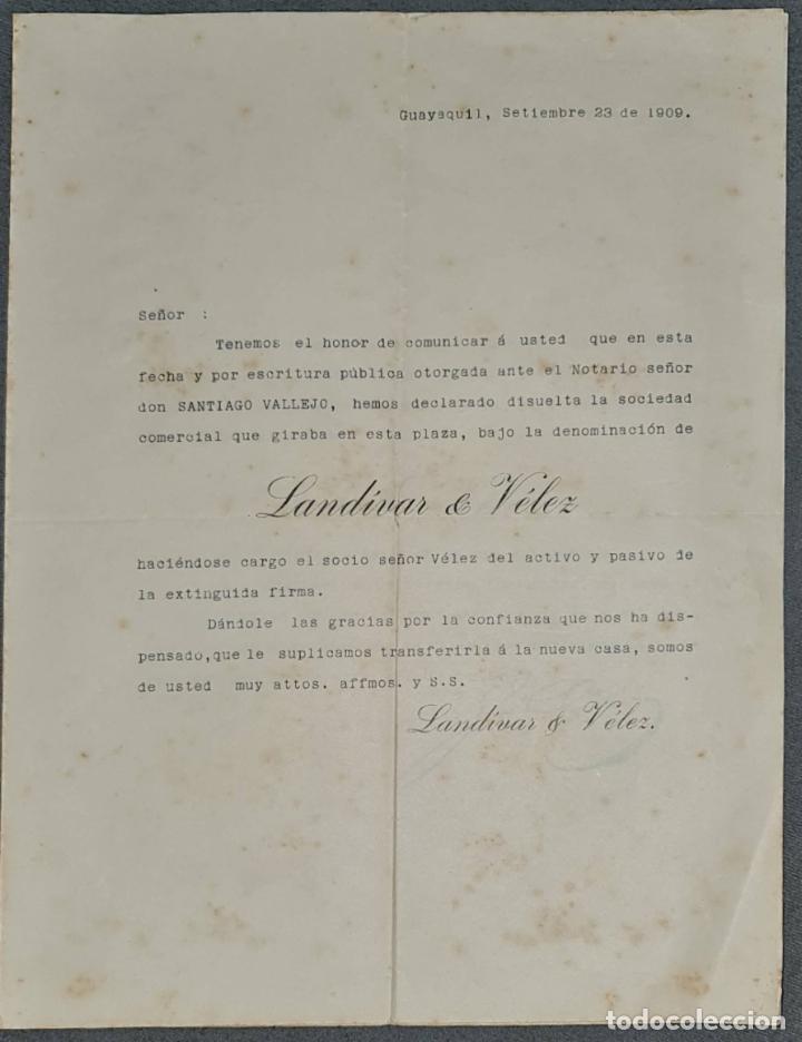 Lettres commerciales: Carta Comercial. J. E. V&eacute;lez. Sucesores de Landivar & V&eacute;lez. Guayaquil. Ecuador 1909