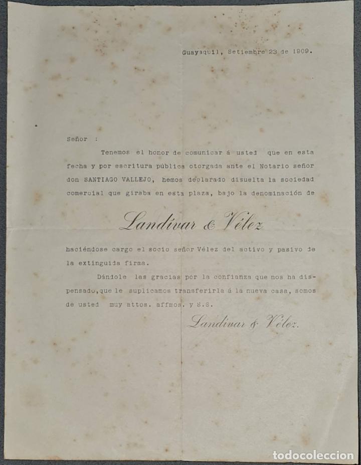 Lettres commerciales: Carta Comercial. J. E. V&eacute;lez. Sucesores de Landivar & V&eacute;lez. Guayaquil. Ecuador 1909