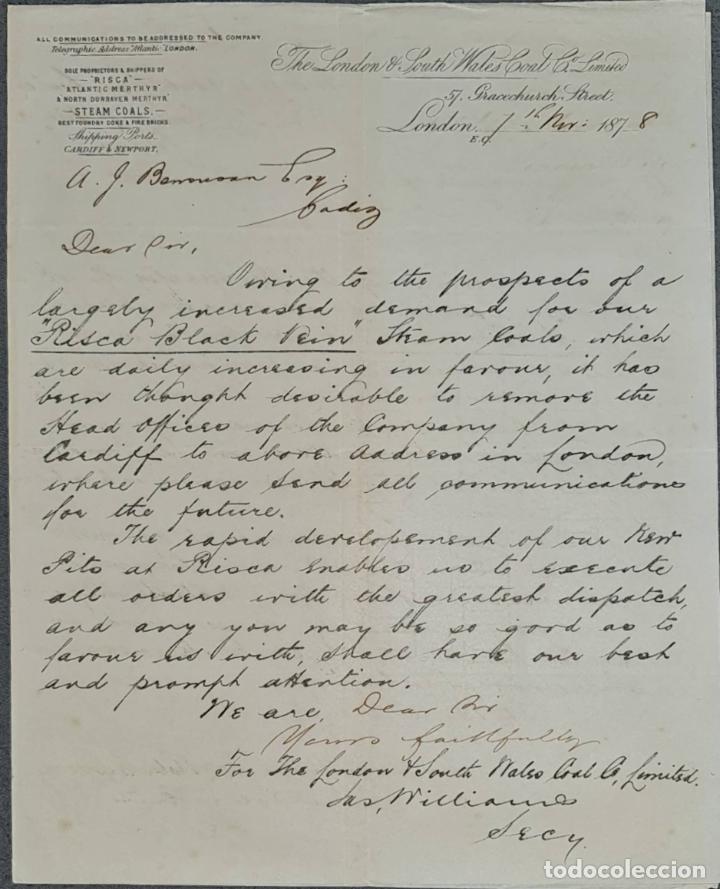 Lettres commerciales: Carta comercial. The London & South Wales Coat C&ordm; Limited. London 1878
