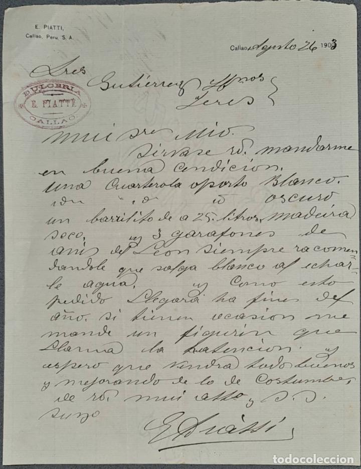 Lettres commerciales: Carta comercial. E. Piatti. Callao. Per&uacute; 1903