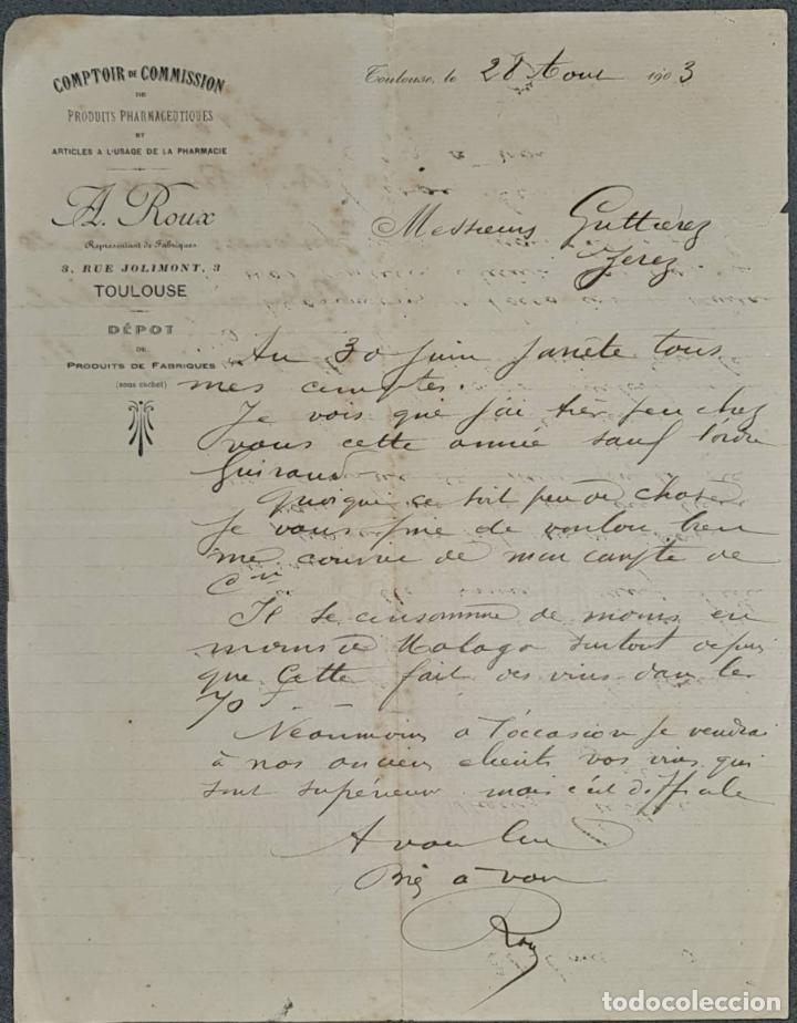 Lettres commerciales: Carta comercial. Comptoir de Commission de Produits Pharmaceutiques. Toulouse. Francia 1903