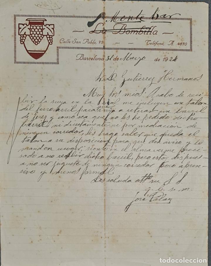 Lettere commerciali: Carta comercial. Jos&eacute; Palau. La Bombilla. Bar. Barcelona. Espa&ntilde;a 1924