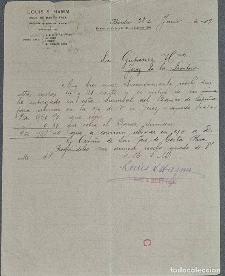Lettere commerciali: Carta comercial. Louis S. Hamm. Suc. de Mart&iacute;n Falk. Barcelona. Espa&ntilde;a 1909