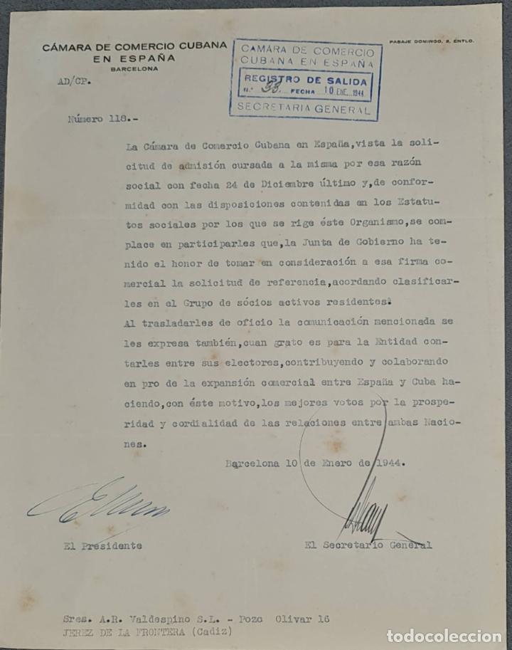 Lettere commerciali: Carta comercial. C&aacute;mara de Comercio Cubana en Espa&ntilde;a. Barcelona. Espa&ntilde;a 1944