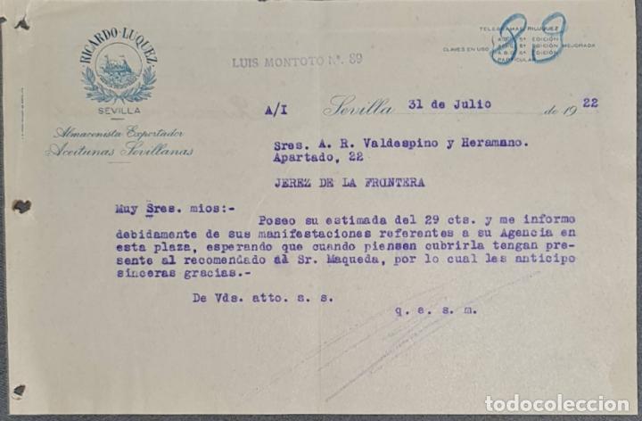 Lettere commerciali: Carta comercial. Ricardo Luquez. Almacen&iacute;sta Exportador Aceitunas Sevillanas. Sevilla. Espa&ntilde;a 1922