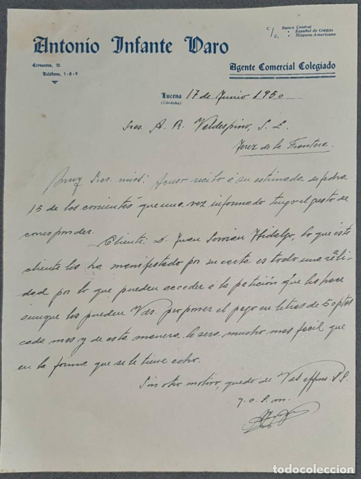 Lettere commerciali: Carta comercial. Antonio Infante Varo. Agente comercial colegiado. Lucena. Espa&ntilde;a 1950