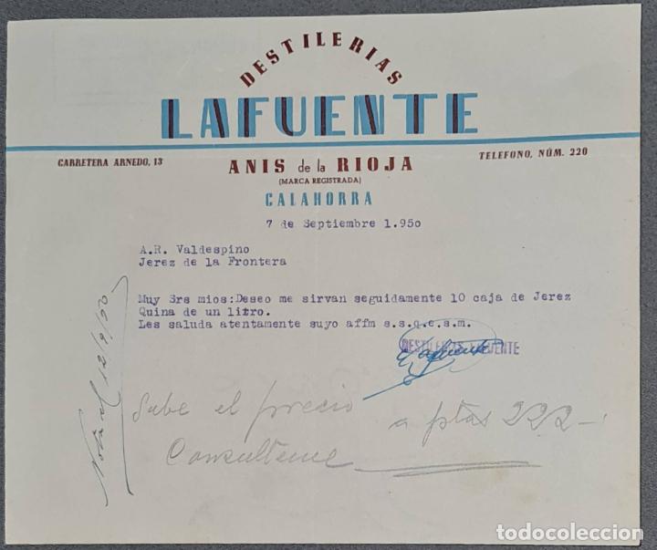 Lettere commerciali: Carta comercial. Destiler&iacute;as LaFuente. An&iacute;s de la Rioja. Calahorra. Espa&ntilde;a 1950