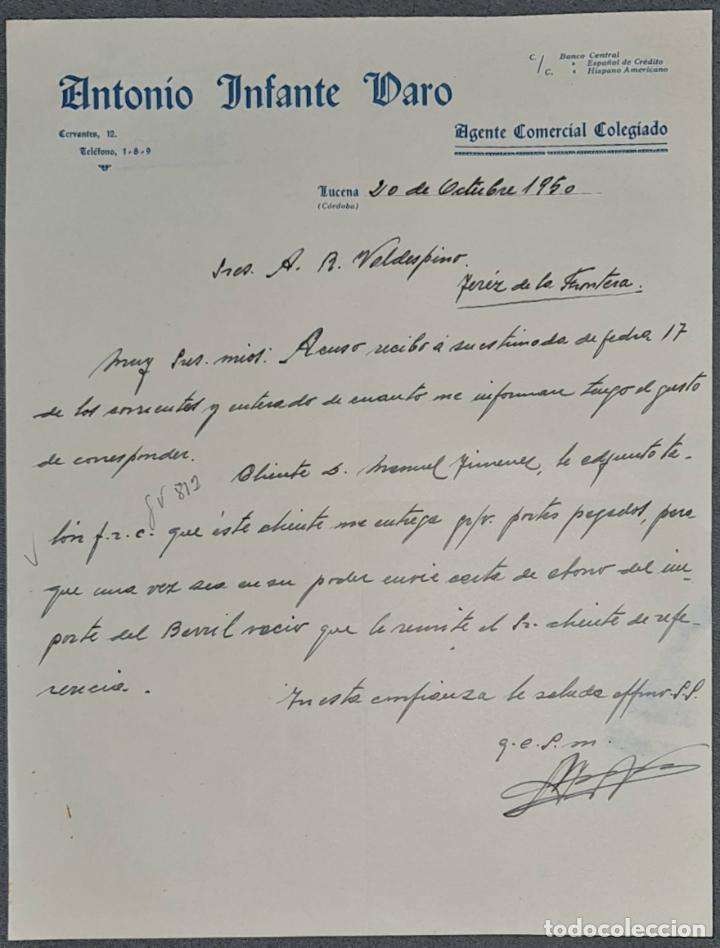Lettere commerciali: Carta comercial. Antonio Infante Varo. Agente comercial colegiado. Lucena. Espa&ntilde;a 1950