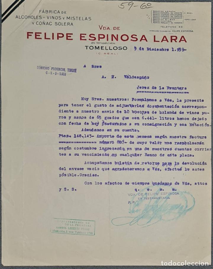 Lettere commerciali: Carta comercial. Felipe Espinosa Lara. F&aacute;brica de Alcoholes. Tomelloso. Espa&ntilde;a 1959
