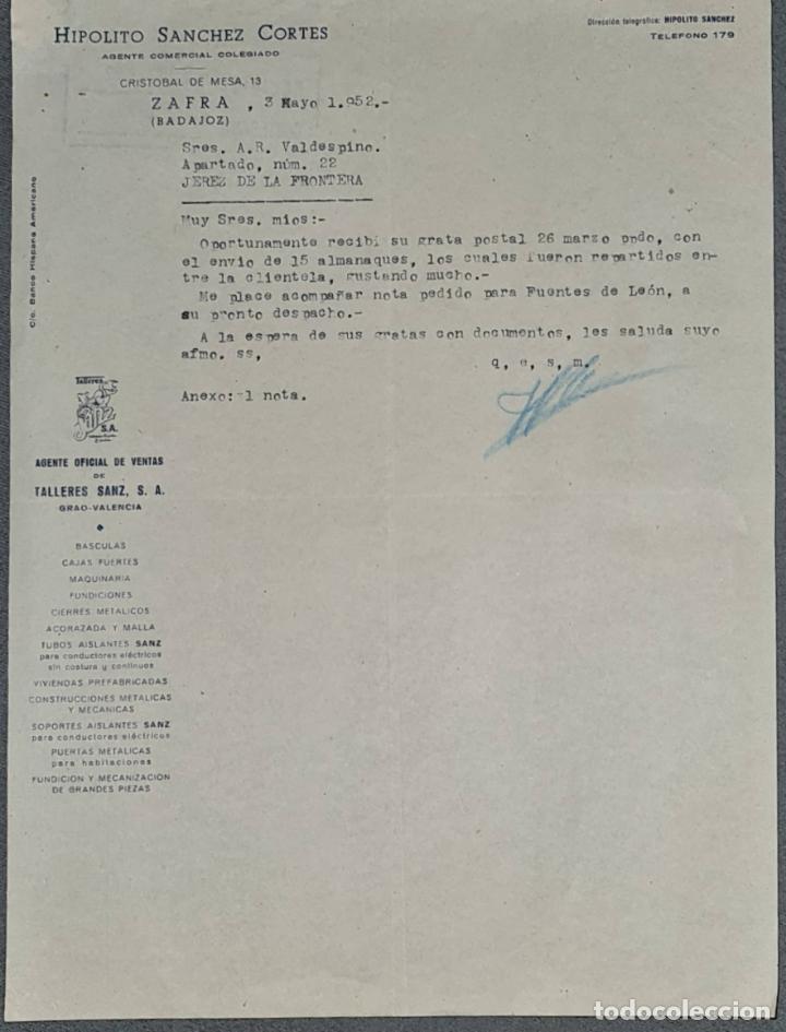 Cartas comerciales: Carta comercial. Hip&oacute;lito S&aacute;nchez Cort&eacute;s. Agente comercial colegiado. Badajoz. Espa&ntilde;a 1952