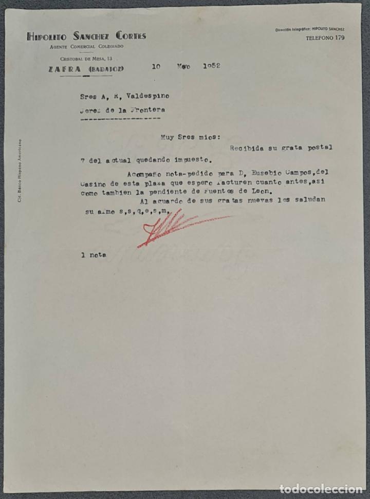 Cartas comerciales: Carta comercial. Hip&oacute;lito S&aacute;nchez Cort&eacute;s. Agente comercial colegiado. Badajoz. Espa&ntilde;a 1952