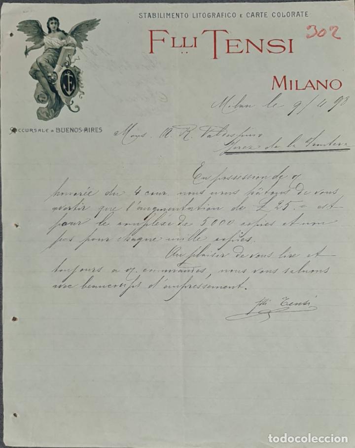 Cartas comerciales: Carta comercial. Flli. Tensi. Stabilimento Litografico E Carte colorate. Milano. Italia 1898