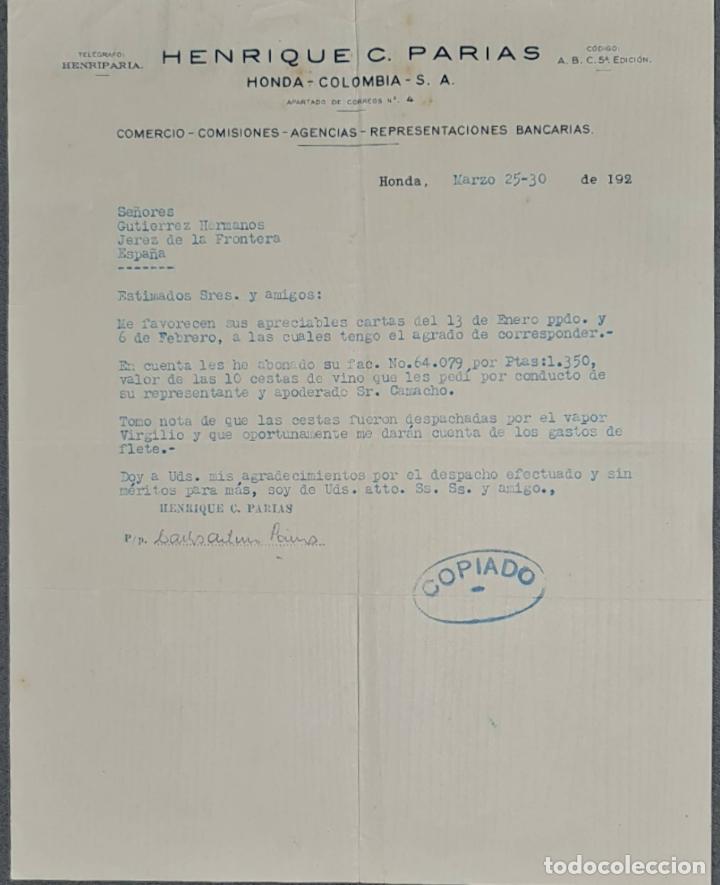 Cartas comerciales: Carta comercial. Henrique C. Parias. Comercio-Comisiones-Agencias-Repr. Bancarias.Honda.Colombia1930