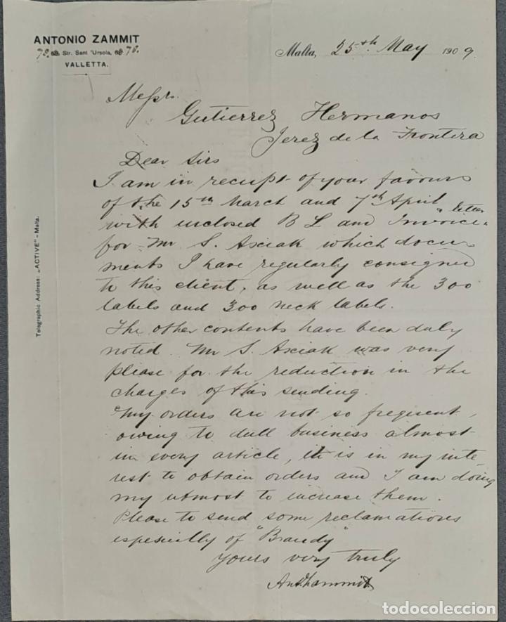 Cartas comerciales: Carta comercial. Antonio Zammit. Malta 1909