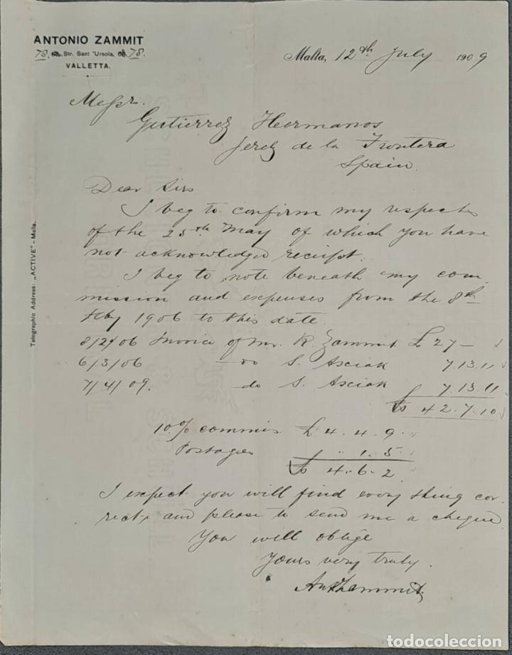 Cartas comerciales: Carta comercial. Antonio Zammit. Malta 1909
