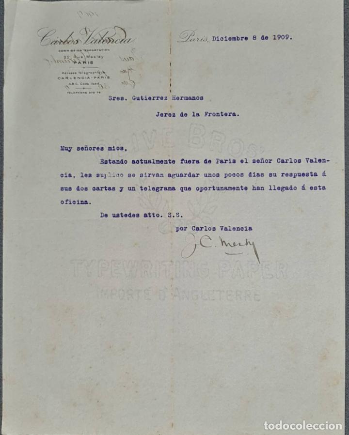 Cartas comerciales: Carta comercial. Carlos Valencia. ommission-Exportation. Par&iacute;s. Francia 1909