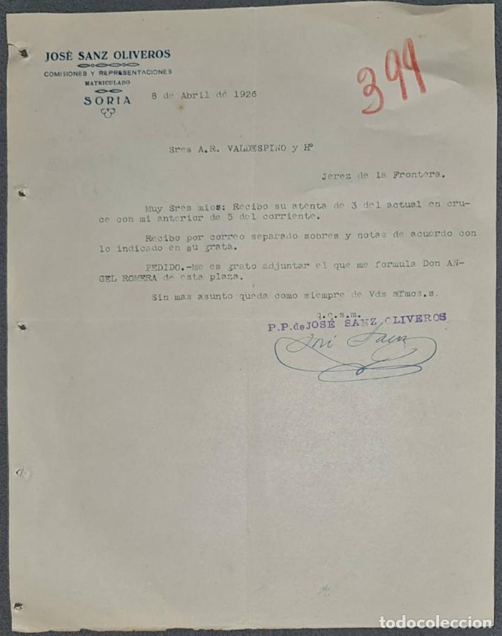 Cartas comerciales: Carta comercial. Jos&eacute; Sanz Oliveros. Comisiones y Representaciones. Soria. Espa&ntilde;a 1926
