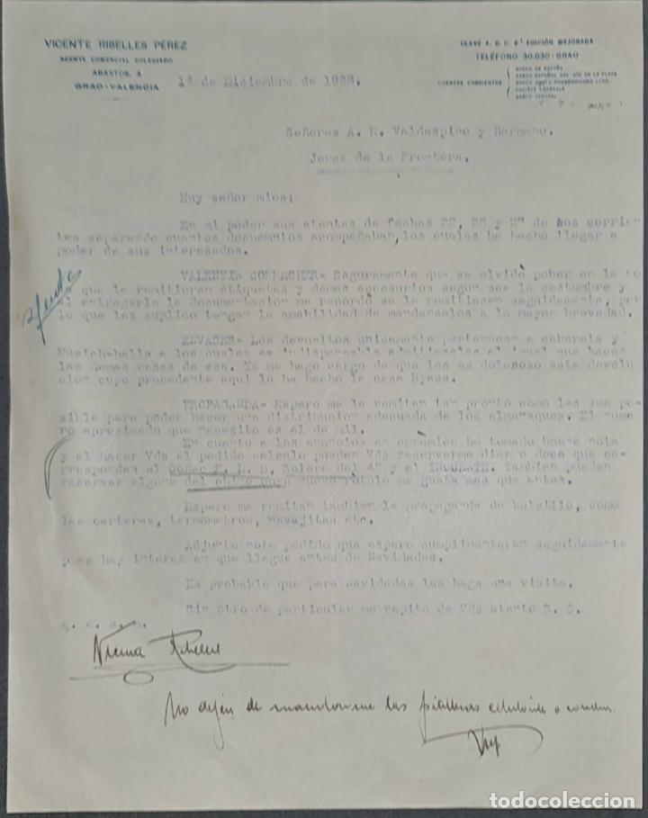 Cartas comerciales: Carta comercial. Vicente Ribelles P&eacute;rez. Agente Comercial Colegiado. Grao. Valencia. Espa&ntilde;a 1928