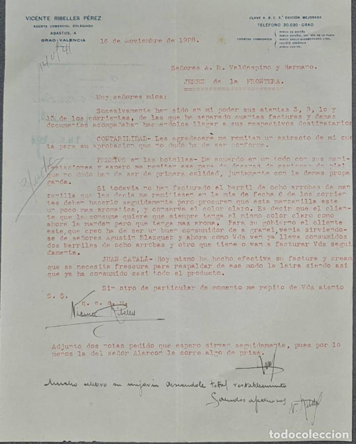 Cartas comerciales: Carta comercial. Vicente Ribelles P&eacute;rez. Agente Comercial Colegiado. Grao. Valencia. Espa&ntilde;a 1928