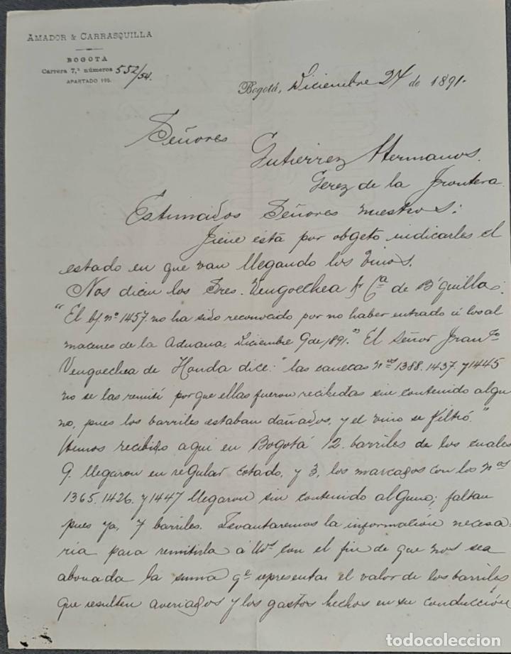 Cartas comerciales: Carta comercial. Amador & Carrasquilla. Bogot&aacute;. Colombia 1891