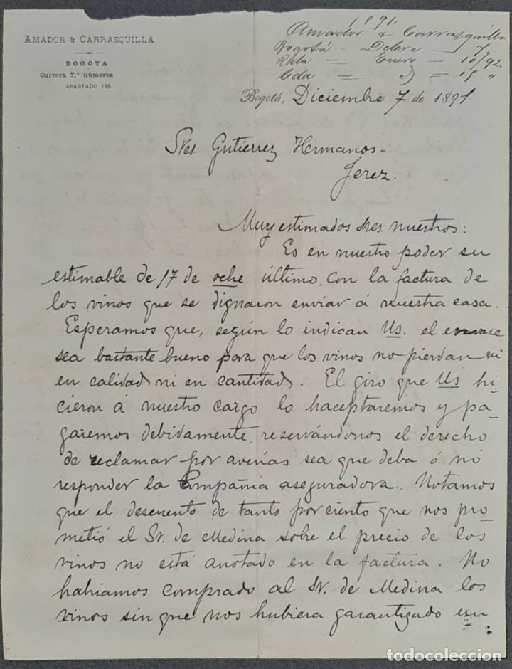 Cartas comerciales: Carta comercial. Amador & Carrasquilla. Bogot&aacute;. Colombia 1891
