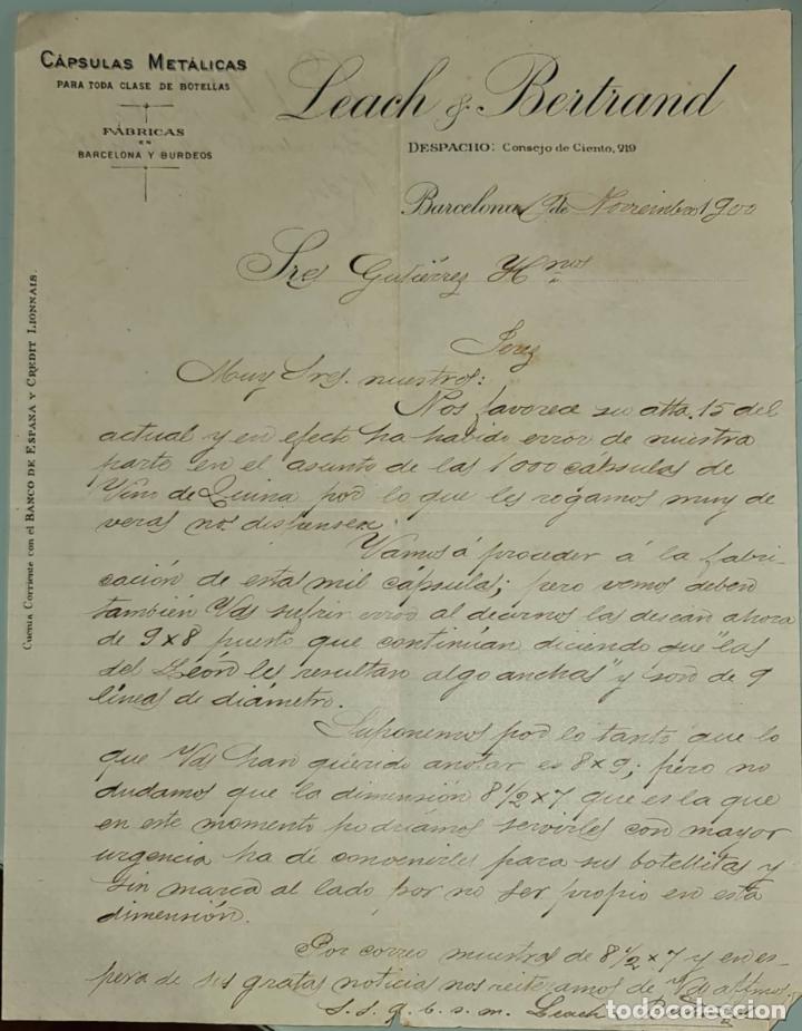 Commercial Letters: Carta comercial. Leach & Bertrand. C&aacute;psulas Met&aacute;licas. Barcelona. Espa&ntilde;a 1900
