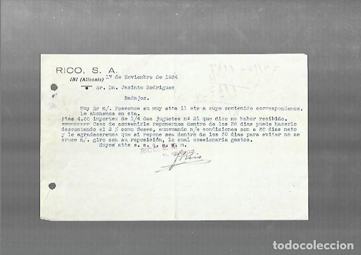 Cartas comerciales: CARTA COMERCIAL. RICO S.A. 1934. IBI, ALICANTE.