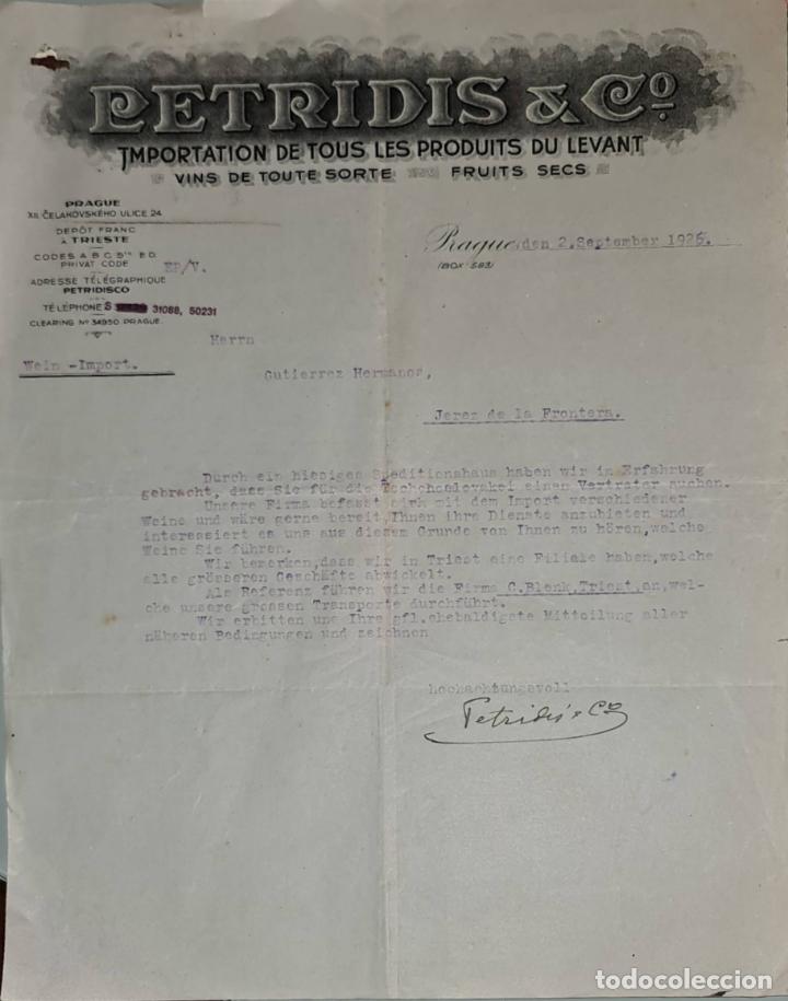 Gesch&auml;ftsbriefe: Carta comercial. Petridis & C&ordm;. Importation de tous les produits du levant. Prague. Rep. Checa 1926