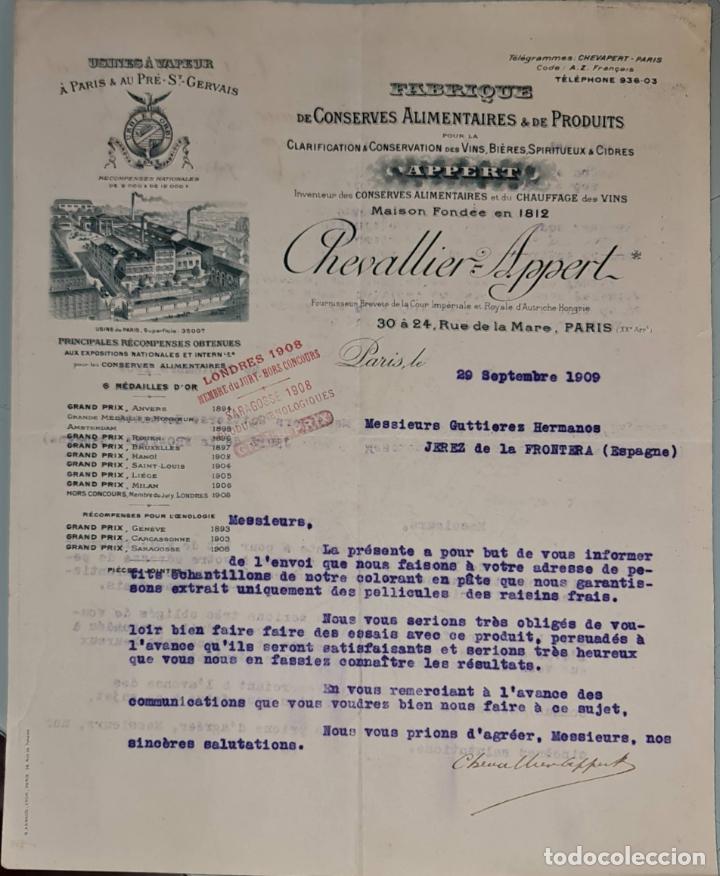 Gesch&auml;ftsbriefe: Carta comercial. Chevallier Appert. De Conserves Alimentaires & de Produits. Paris. Francia 1909