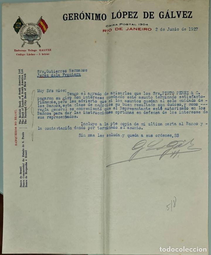 Gesch&auml;ftsbriefe: Carta comercial. Ger&oacute;nimo L&oacute;pez de G&aacute;lvez. Commissoes-Representacoes. R&iacute;o de Janeiro. Brasil 1927