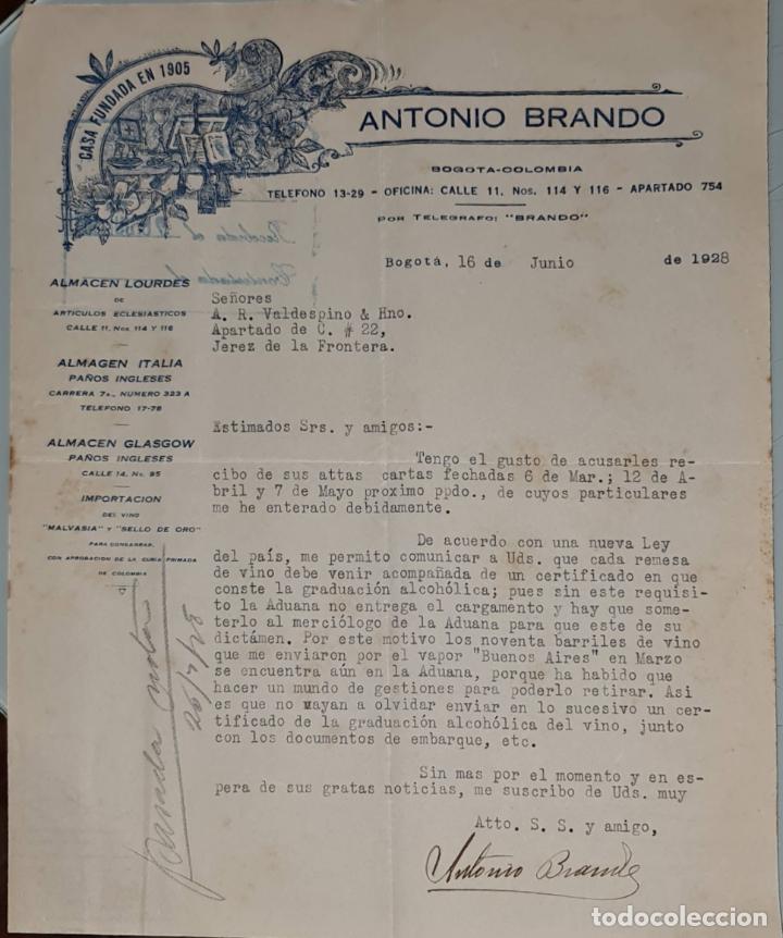 Gesch&auml;ftsbriefe: Carta comercial. Antonio Brando Suc. Almac&eacute;n Lourdes. Para Iglesias- Oratorios. Bogot&aacute;. Colombia1928