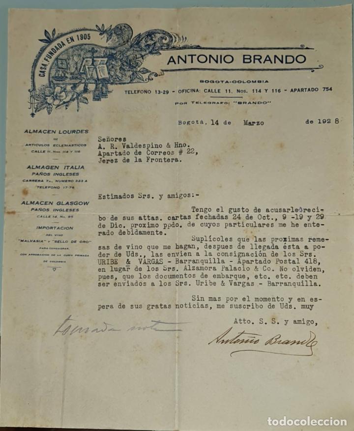 Gesch&auml;ftsbriefe: Carta comercial. Antonio Brando Suc. Almac&eacute;n Lourdes. Para Iglesias- Oratorios. Bogot&aacute;. Colombia1928