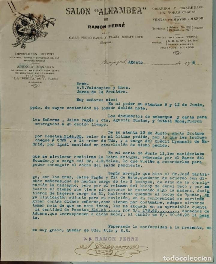 Gesch&auml;ftsbriefe: Carta comercial. Ram&oacute;n Ferr&eacute;.Sal&oacute;n Alhambra.Cigarros y cigarrillos todas clases.Guayaquil. Per&uacute; 1928