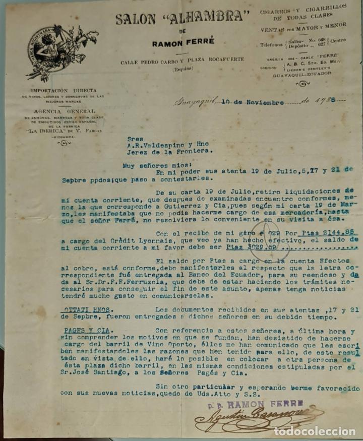 Gesch&auml;ftsbriefe: Carta comercial. Ram&oacute;n Ferr&eacute;.Sal&oacute;n Alhambra.Cigarros y cigarrillos todas clases.Guayaquil. Per&uacute; 1928