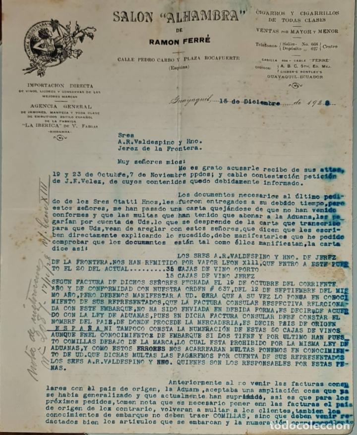 Gesch&auml;ftsbriefe: Carta comercial. Ram&oacute;n Ferr&eacute;.Sal&oacute;n Alhambra.Cigarros y cigarrillos todas clases.Guayaquil. Per&uacute; 1928