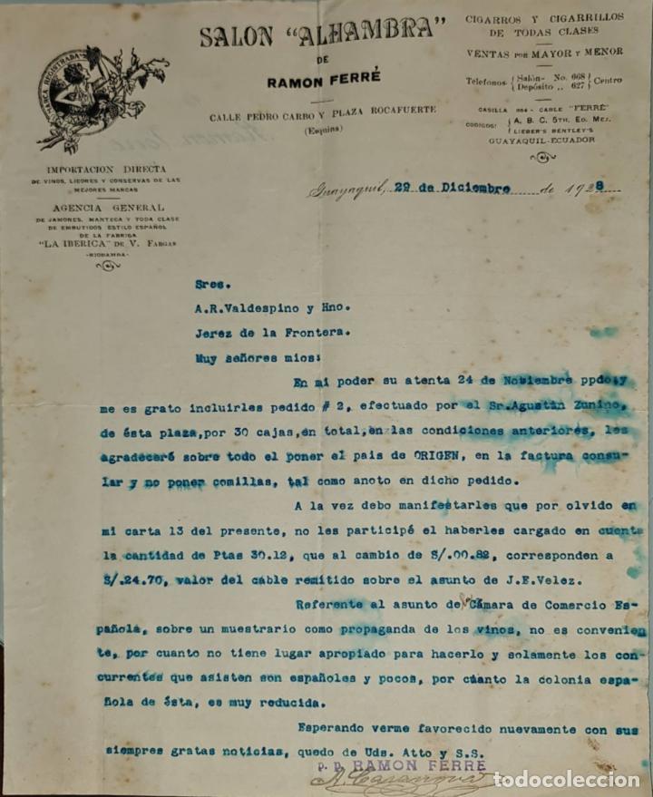 Gesch&auml;ftsbriefe: Carta comercial. Ram&oacute;n Ferr&eacute;.Sal&oacute;n Alhambra.Cigarros y cigarrillos todas clases.Guayaquil. Per&uacute; 1928