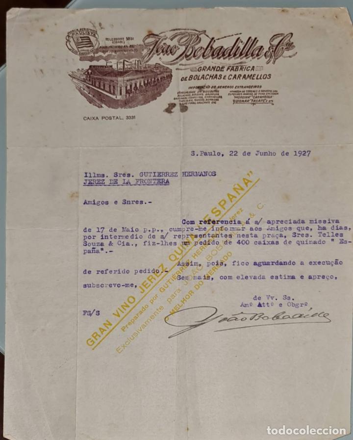 Gesch&auml;ftsbriefe: Carta comercial. Joao Bobadilla & C&iacute;a. Grandes F&aacute;bricas bolachas &eacute; Caramellos. S. Paulo. Brasil 1927