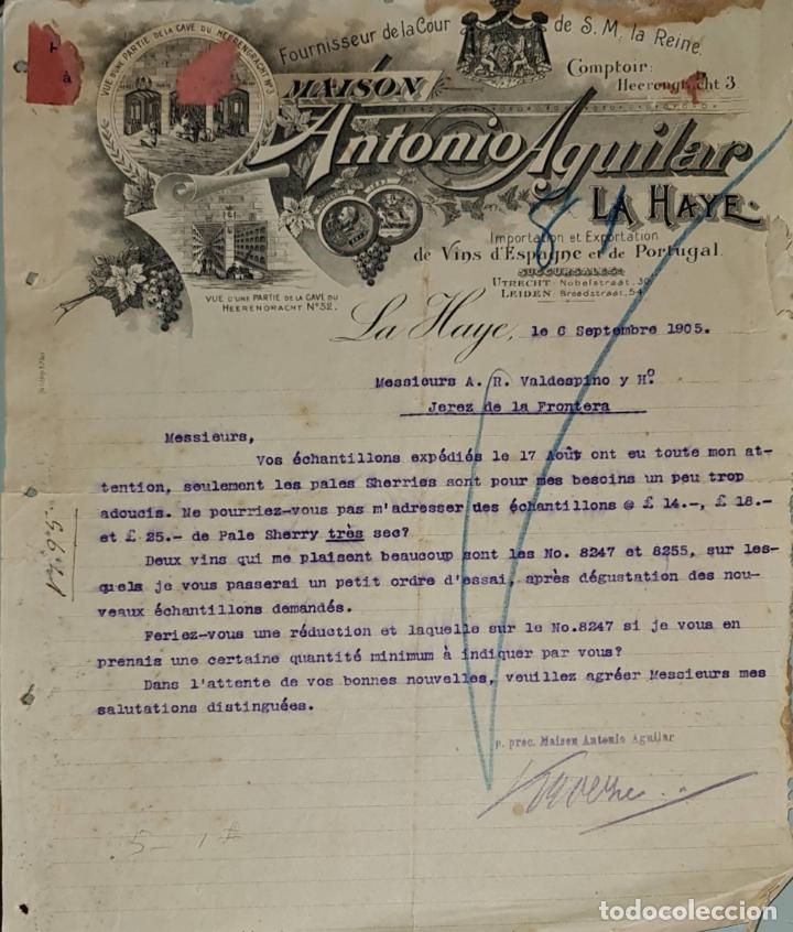 Gesch&auml;ftsbriefe: Carta comercial. Antonio Aguilar. Importaci&oacute;n-Exportaci&oacute;n de vinos. La Haye. Francia 1905