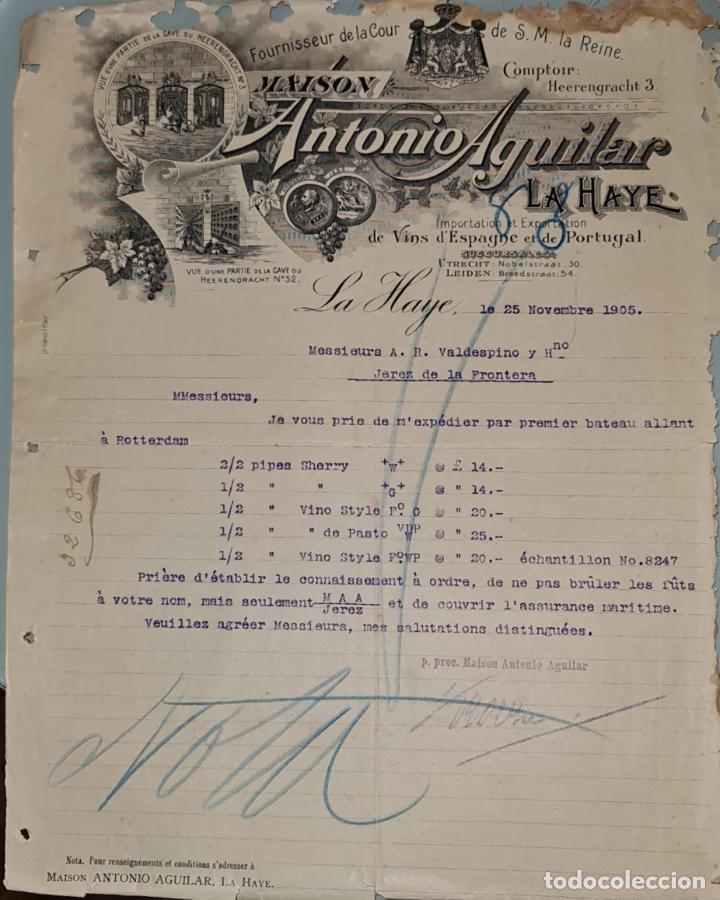 Gesch&auml;ftsbriefe: Carta comercial. Antonio Aguilar. Importaci&oacute;n-Exportaci&oacute;n de vinos. La Haye. Francia 1905