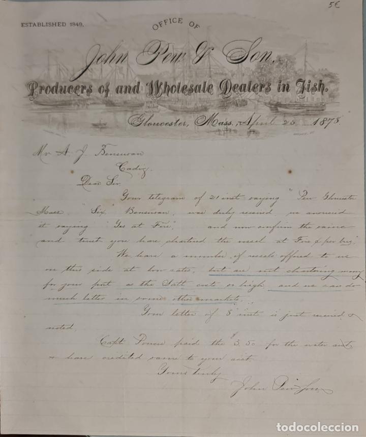 Gesch&auml;ftsbriefe: Carta comercial.John Peu & Son.Producers of and Wholesale Dealers in fish.Gloucester.Inglaterra 1875
