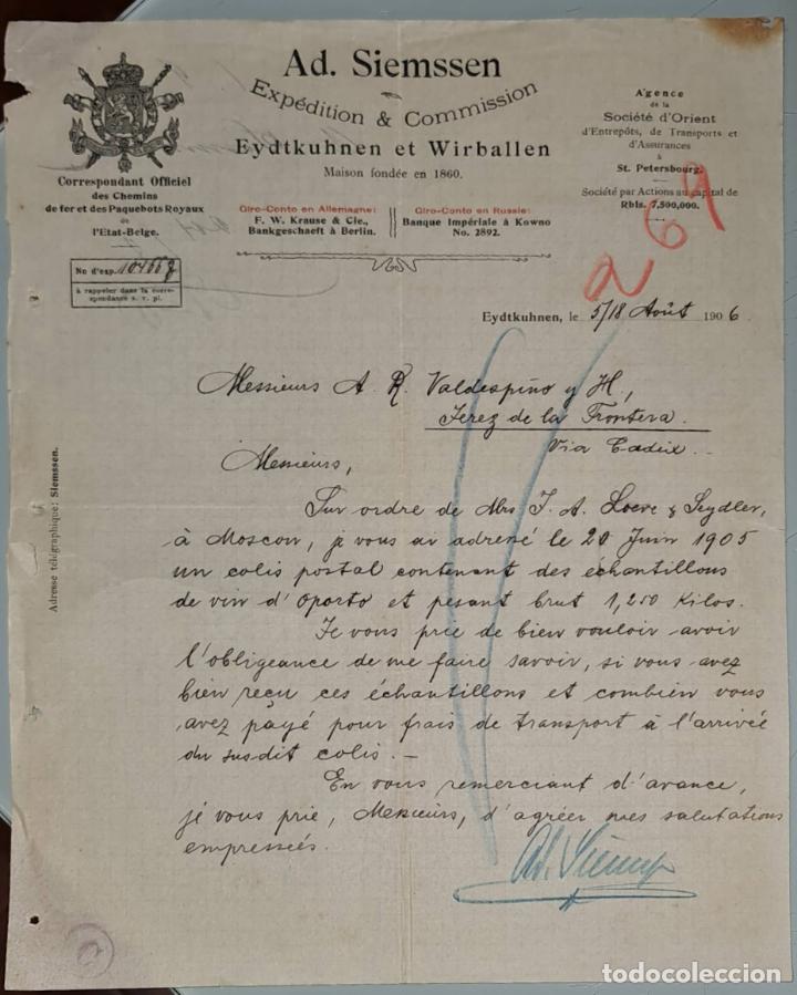 Gesch&auml;ftsbriefe: Carta comercial. Ad. Siemssen. Exp&eacute;dition & Commission. Eydtkuhnen. Alemania 1906