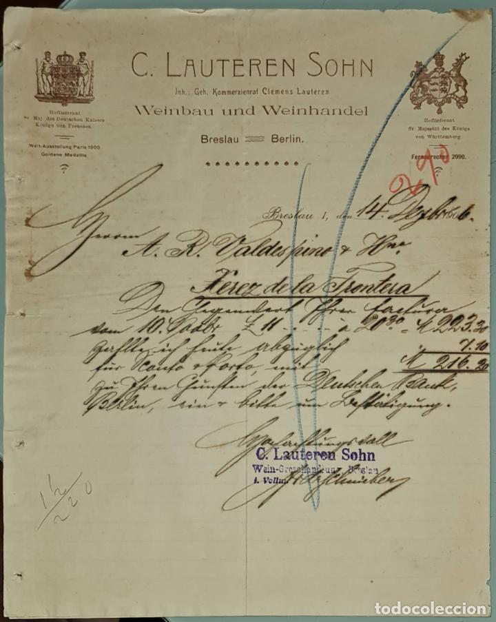 Gesch&auml;ftsbriefe: Carta comercial. C. Lauteren Sohn. Weinbau und Weinhandel. Berlin. Alemania 1906
