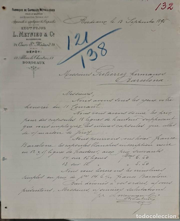 Gesch&auml;ftsbriefe: Carta comercial. L. Meynieu & C&ordm;. Fabrique de Capsules Metalliques. Bordeaux 1895