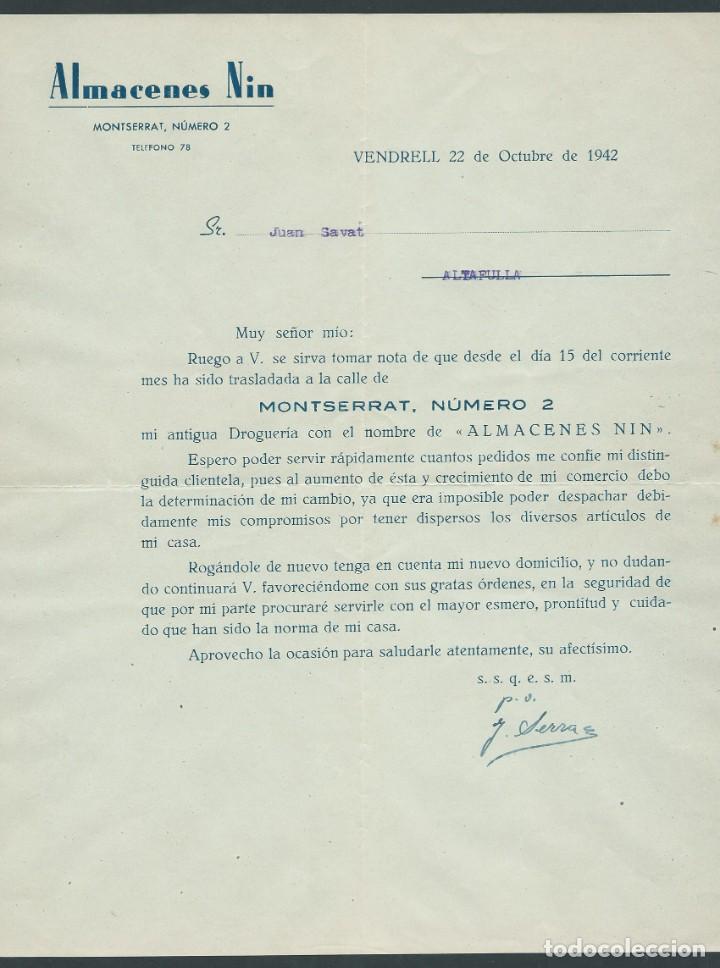 Cartas comerciales: carta comercial de almacenes nin 1942 el vendrell - Foto 1