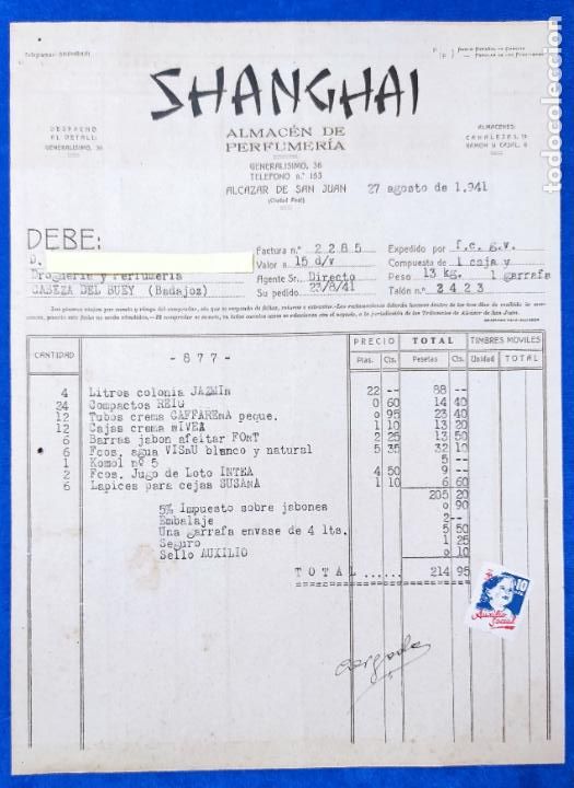 Lettere commerciali: 6 Cartas comerciales Almac&eacute;n de Perfumer&iacute;a Shanghai. Alc&aacute;zar de San Juan ( Ciudad Real ) 1941