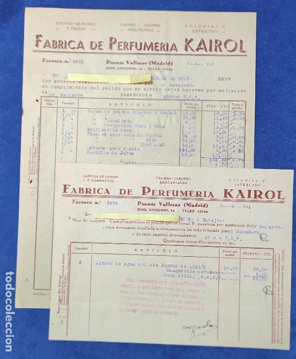 Lettere commerciali: 2 Cartas comerciales F&aacute;brica Perfumer&iacute;a Kairol. Puente Vallecas ( Madrid )A&ntilde;os 40
