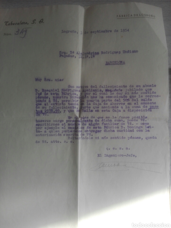 Lettere commerciali: Carta de tabacalera s.a. f&aacute;brica de Logro&ntilde;o a&ntilde;o1954 carta de duelo
