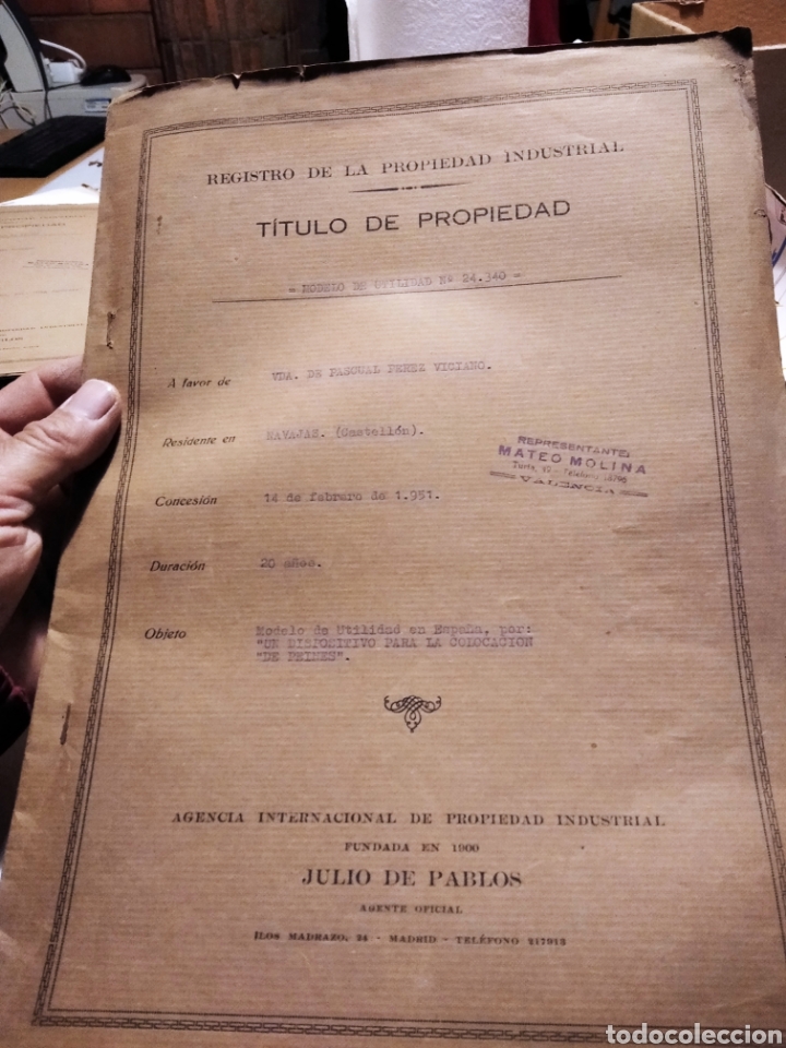 Lettere commerciali: Registro de la propiedad industrial vda de Pascual P&eacute;rez Viciano, Navajas Castell&oacute;n 1951