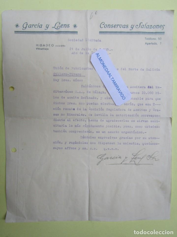 Lettere commerciali: GALICIA PESCA - RIBADEO LUGO 1939, CARTA CONSERVERA ' GARCIA LENS ' A UNION CONSERVEROS + INFO