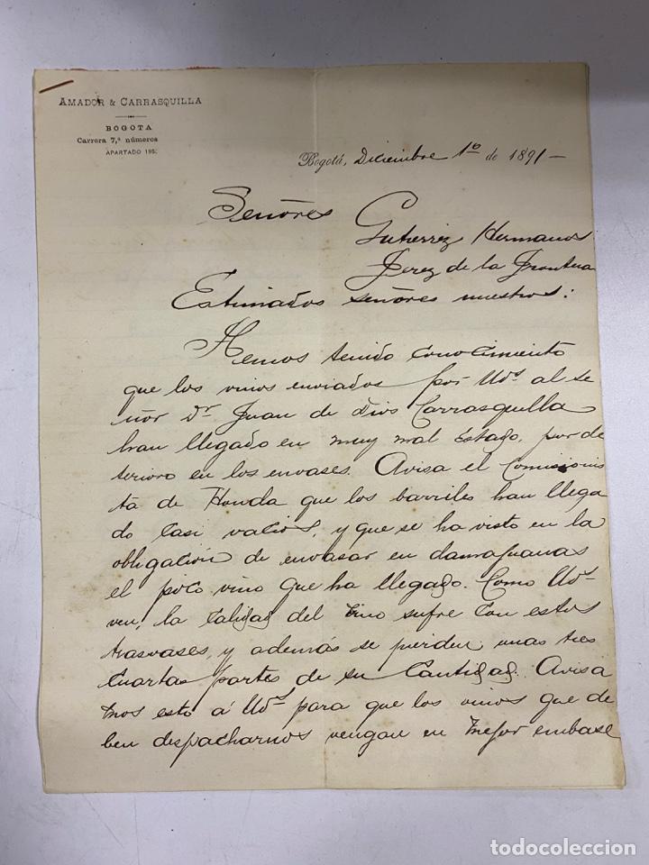 Lettere commerciali: CARTA COMERCIAL. AMADOR & CARRASQUILLA. BOGOT&Aacute;-COLOMBIA, 1891. DIRIGIDA A GUTIERREZ HNOS.,JEREZ